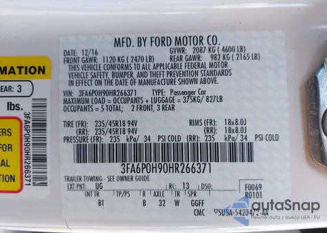 2017 Ford Fusion Se z USA, uszkodzony, nr VIN 3FA6P0H90HR266371